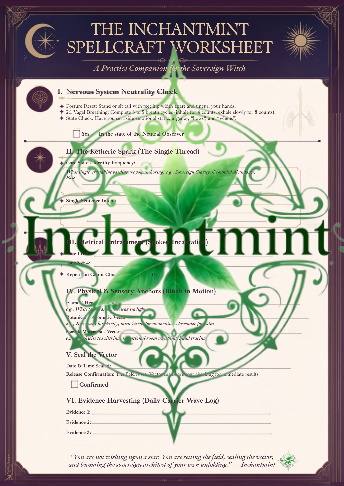 The Art & Science of Inchantmint Spellcraft: Grimoire Poster & Practice Worksheet Bundle (Digital Download)