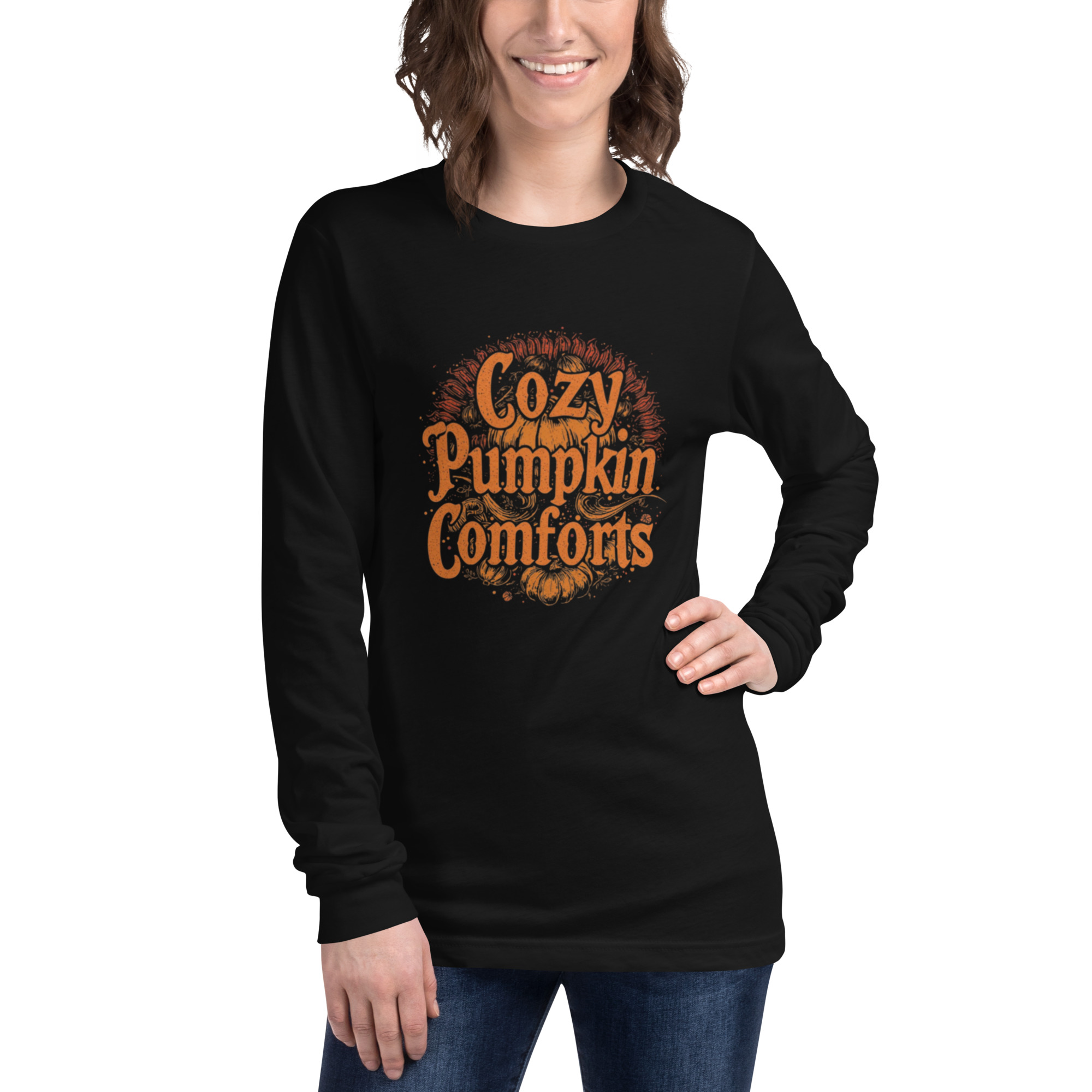 Cottage Witch Cozy Pumpkin Comforts Long Sleeve Shirt: Cottage Witchery Black Unisex Long Sleeve Tee - Design by Cat Oakenhart